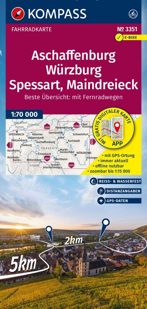 KOMPASS Fahrradkarte 3351 Aschaffenburg, Würzburg, Spessart, Maindreieck 1:70.000 main product photo