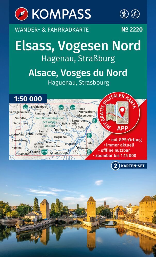 KOMPASS Wanderkarten-Set 2220 Elsass, Vogesen Nord, Hagenau, Straßburg / Alsace, Vosges du Nord, Haguenau, Strasbourg (2 Karten) 1:50.000 main product photo