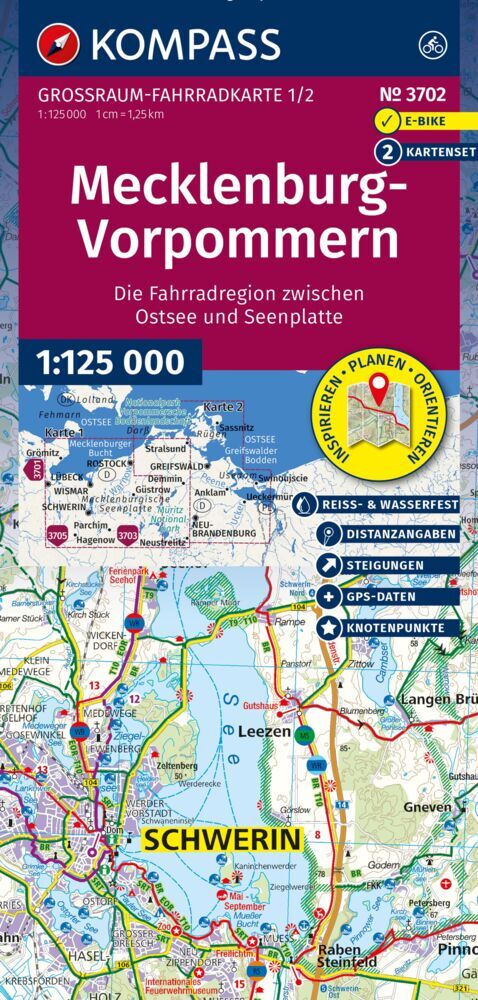 KOMPASS Großraum Fahrradkarte 3702 Mecklenburg-Vorpommern 1:125.000 main product photo