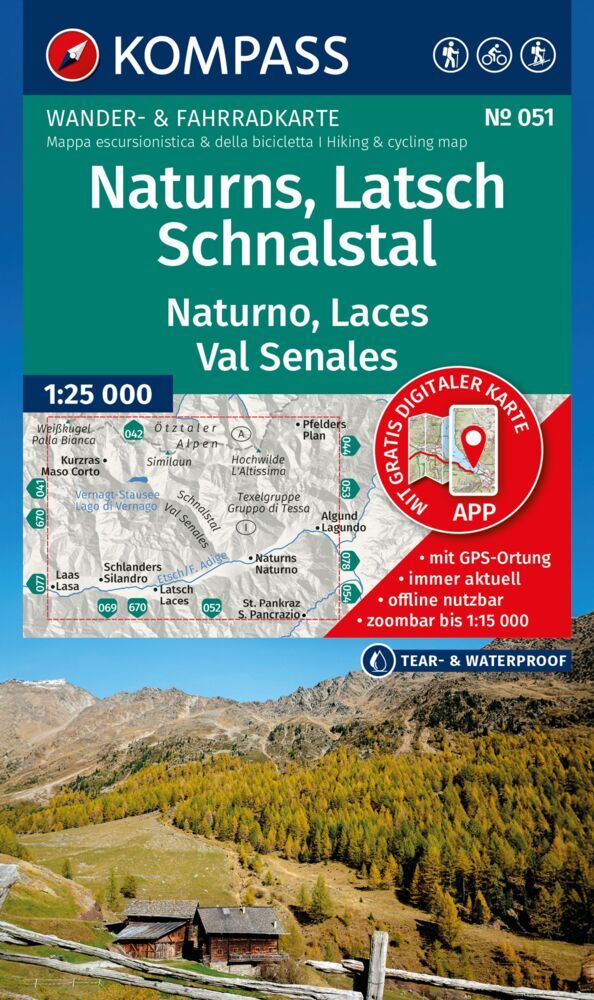 KOMPASS Wanderkarte 051 Naturns, Latsch, Schnalstal / Naturno, Laces, Val Senales 1:25.000 main product photo