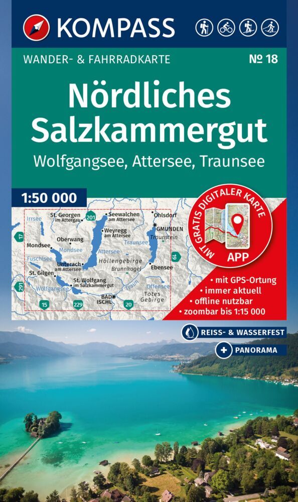 KOMPASS Wanderkarte 18 Nördliches Salzkammergut, Wolfgangsee, Attersee, Traunsee 1:50.000 main product photo