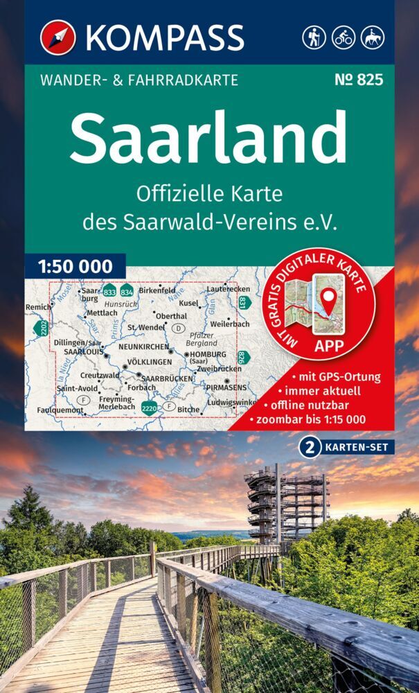KOMPASS Wanderkarten-Set 825 Saarland, Offizielle Karte des Saarwald-Vereins e.V. (2 Karten) 1:50.000 main product photo