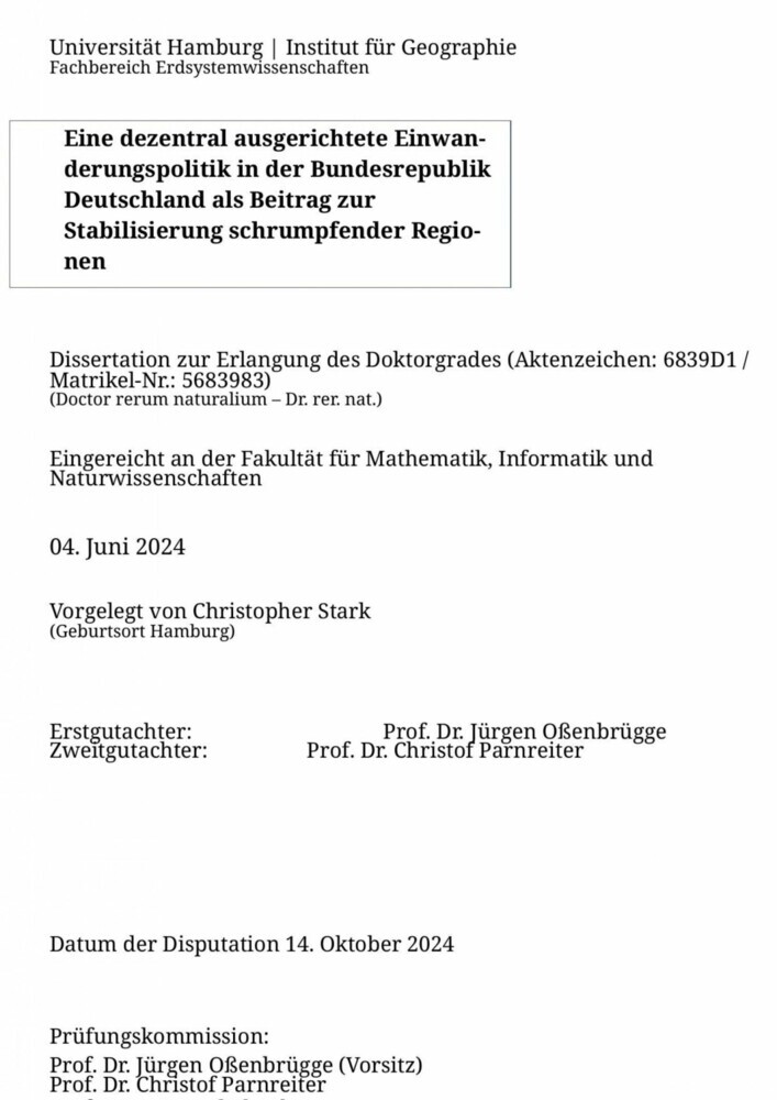 Eine dezentral ausgerichtete Einwanderungspolitik in der Bundesrepublik Deutschland als Beitrag zur Stabilisierung schrumpfender Regionen main product photo