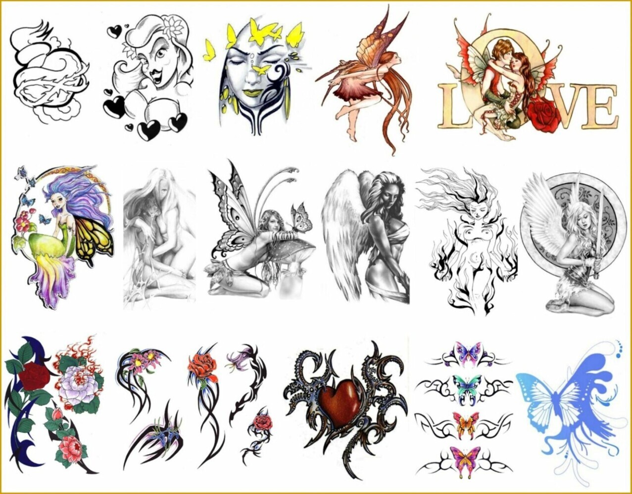 TATTOO DESIGNS FÜR FRAUEN. 3 eBooks Tattoo Design Vorlagen für Frauen. Liebe Herzen Rosen - Farbige Schmetterlinge - Elfen und Engel. main product photo
