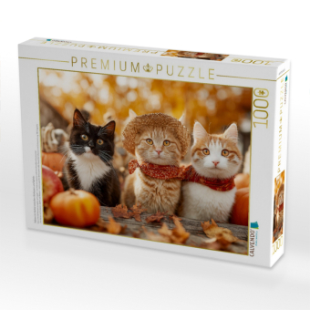 CALVENDO Puzzle Katzen im Herbst zwischen Kürbissen und Äpfeln | 1000 Teile Lege-Größe 64x48cm Foto-Puzzle für glückliche Stunden