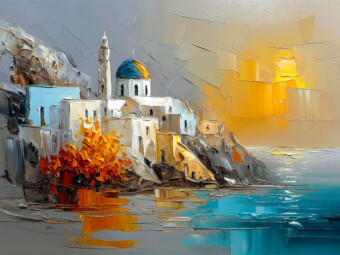 CALVENDO Puzzle Ein Nachmittag in Santorini - das Sonnenlicht streift die weißen Kykladenhäuser auf der Klippe | 1000 Teile Lege-Größe 64x48cm Foto-Puzzle für glückliche Stunden