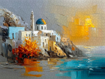 CALVENDO Puzzle Ein Nachmittag in Santorini - das Sonnenlicht streift die weißen Kykladenhäuser auf der Klippe | 1000 Teile Lege-Größe 64x48cm Foto-Puzzle für glückliche Stunden