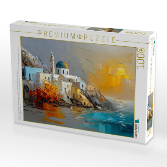 CALVENDO Puzzle Ein Nachmittag in Santorini - das Sonnenlicht streift die weißen Kykladenhäuser auf der Klippe | 1000 Teile Lege-Größe 64x48cm Foto-Puzzle für glückliche Stunden