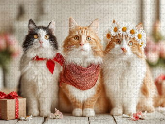 CALVENDO Puzzle Süße Katzen mit Blumen und Geschenk | 1000 Teile Lege-Größe 64x48cm Foto-Puzzle für glückliche Stunden