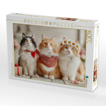 CALVENDO Puzzle Süße Katzen mit Blumen und Geschenk | 1000 Teile Lege-Größe 64x48cm Foto-Puzzle für glückliche Stunden