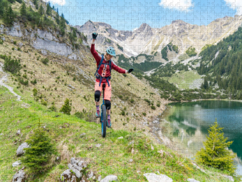 CALVENDO Puzzle Einrad downhill an den Soiernseen | 1000 Teile Lege-Größe 64x48cm Foto-Puzzle für glückliche Stunden