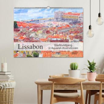Lissabon - Stadtrundgang in Aquarell-Illustrationen (Wandkalender 2027 DIN A2 quer), CALVENDO Monatskalender