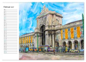 Lissabon - Stadtrundgang in Aquarell-Illustrationen (Wandkalender 2027 DIN A2 quer), CALVENDO Monatskalender