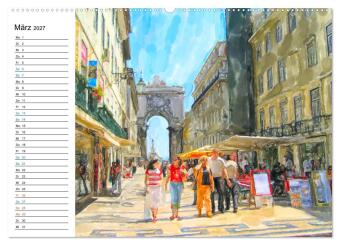 Lissabon - Stadtrundgang in Aquarell-Illustrationen (Wandkalender 2027 DIN A2 quer), CALVENDO Monatskalender
