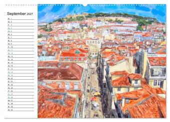 Lissabon - Stadtrundgang in Aquarell-Illustrationen (Wandkalender 2027 DIN A2 quer), CALVENDO Monatskalender