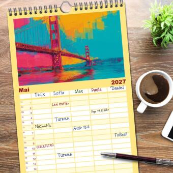 Familienplaner 2027 - Die Golden Gate Bridge - Ikone am Pazifik mit 5 Spalten (Wandkalender, 21 x 45 cm) CALVENDO