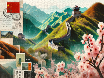 CALVENDO Puzzle Frühlingserwachen an der Großen Mauer: Eine KI-gemalte Ode an die Blüte | 1000 Teile Lege-Größe 64x48cm Foto-Puzzle für glückliche Stunden