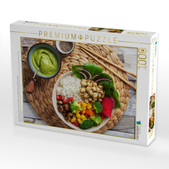 CALVENDO Puzzle Vegane Bowl mit Kichererbsen, Mais, Paprika, Avocadodip, Karotten, Brokkoli, rote Beete | 1000 Teile Lege-Größe 64x48cm Foto-Puzzle für glückliche Stunden