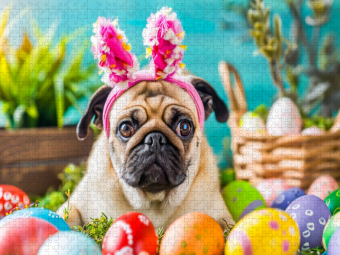 CALVENDO Puzzle Mops als Osterhase zwischen bunten Ostereiern | 1000 Teile Lege-Größe 64x48cm Foto-Puzzle für glückliche Stunden
