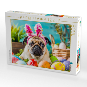 CALVENDO Puzzle Mops als Osterhase zwischen bunten Ostereiern | 1000 Teile Lege-Größe 64x48cm Foto-Puzzle für glückliche Stunden