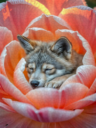 CALVENDO Puzzle Träumender Wolf im Blütenzauber | 1000 Teile Lege-Größe 64x48cm Foto-Puzzle für glückliche Stunden