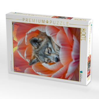 CALVENDO Puzzle Träumender Wolf im Blütenzauber | 1000 Teile Lege-Größe 64x48cm Foto-Puzzle für glückliche Stunden