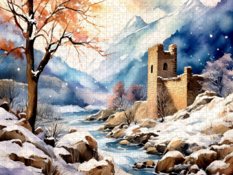 CALVENDO Puzzle Schnee fällt auf den Gebirgsbach und die Burgruine. | 1000 Teile Lege-Größe 64x48cm Foto-Puzzle für glückliche Stunden