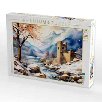 CALVENDO Puzzle Schnee fällt auf den Gebirgsbach und die Burgruine. | 1000 Teile Lege-Größe 64x48cm Foto-Puzzle für glückliche Stunden