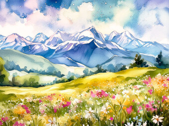 CALVENDO Puzzle Gras und Frühlingsblumen vor verschneitem Alpenkamm | 1000 Teile Lege-Größe 64x48cm Foto-Puzzle für glückliche Stunden