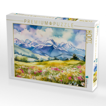 CALVENDO Puzzle Gras und Frühlingsblumen vor verschneitem Alpenkamm | 1000 Teile Lege-Größe 64x48cm Foto-Puzzle für glückliche Stunden
