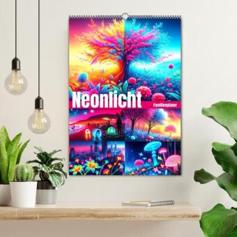 Neonlicht Familienplaner (Wandkalender 2026 DIN A2 hoch), CALVENDO Monatskalender