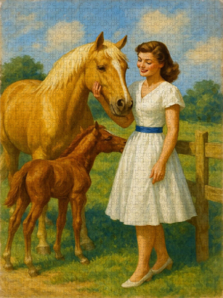 CALVENDO Puzzle Besuch auf der Weide - Frau der 50er Jahre mit Pferden | 1000 Teile Lege-Größe 64x48cm Foto-Puzzle für glückliche Stunden
