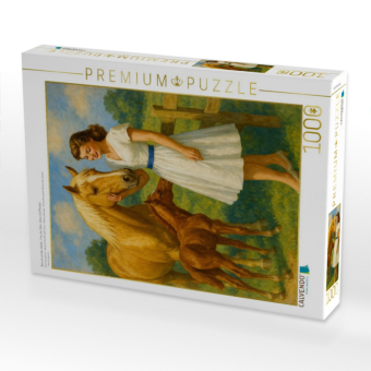CALVENDO Puzzle Besuch auf der Weide - Frau der 50er Jahre mit Pferden | 1000 Teile Lege-Größe 64x48cm Foto-Puzzle für glückliche Stunden