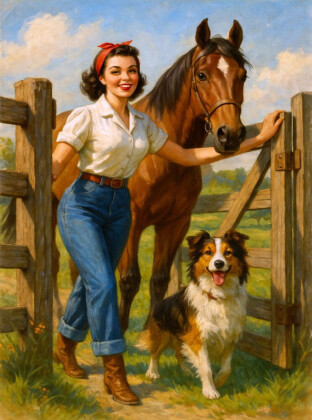 CALVENDO Puzzle Frau der 50er Jahre mit Pferd und Hund | 2000 Teile Lege-Größe 90x67cm Foto-Puzzle für glückliche Stunden