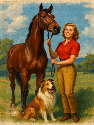 CALVENDO Puzzle Frau der 50er Jahre mit Pferd | 1000 Teile Lege-Größe 64x48cm Foto-Puzzle für glückliche Stunden