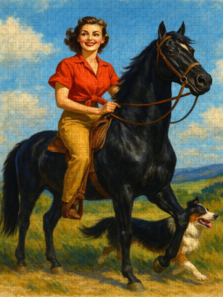 CALVENDO Puzzle Hoch zu Ross - Frau der 50er Jahre | 1000 Teile Lege-Größe 64x48cm Foto-Puzzle für glückliche Stunden