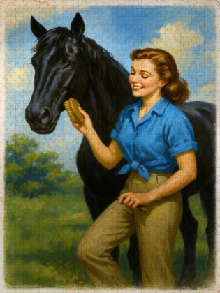 CALVENDO Puzzle Frau der 50er Jahre mit schwarzem Pferd | 1000 Teile Lege-Größe 64x48cm Foto-Puzzle für glückliche Stunden