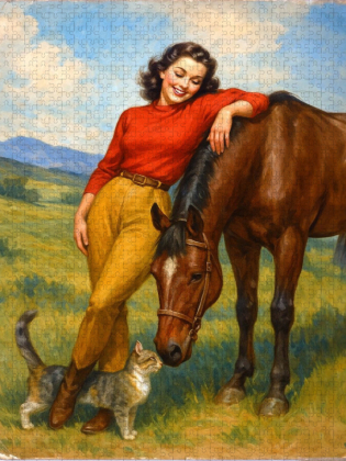 CALVENDO Puzzle Die Tiere auf dem Hof - Frau der 50er Jahre | 2000 Teile Lege-Größe 90x67cm Foto-Puzzle für glückliche Stunden