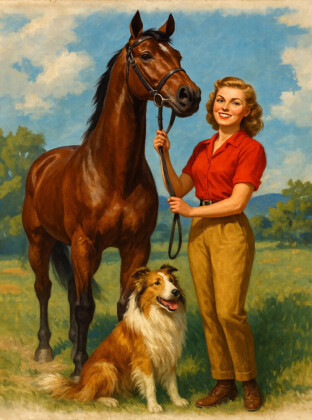 CALVENDO Puzzle Frau der 50er Jahre mit Pferd | 2000 Teile Lege-Größe 90x67cm Foto-Puzzle für glückliche Stunden
