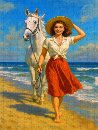 CALVENDO Puzzle Ein Tag am Strand - Frau der 50er Jahre mit Pferd | 2000 Teile Lege-Größe 90x67cm Foto-Puzzle für glückliche Stunden