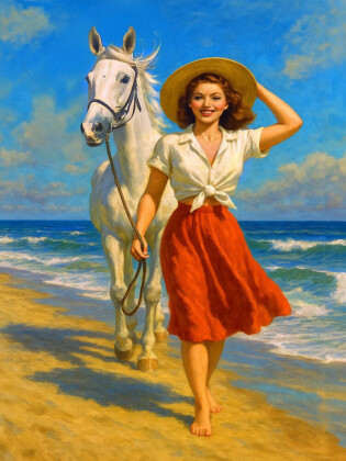 CALVENDO Puzzle Ein Tag am Strand - Frau der 50er Jahre mit Pferd | 1000 Teile Lege-Größe 64x48cm Foto-Puzzle für glückliche Stunden