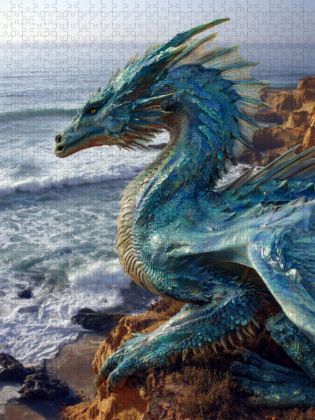 CALVENDO Puzzle Blauer Drache am Meer - Fantasy Drachenpuzzle | 1000 Teile Lege-Größe 64x48cm Foto-Puzzle für glückliche Stunden