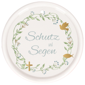 Geschenkset zur Taufe mit bedruckter Metalldose, wattiertem Geschenkbuch, Porzellan-Relief mit Band & Glasfläschchen für Taufwasser, m. 1 Beilage, m. 1 Buch