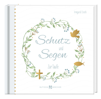 Geschenkset zur Taufe mit bedruckter Metalldose, wattiertem Geschenkbuch, Porzellan-Relief mit Band & Glasfläschchen für Taufwasser, m. 1 Beilage, m. 1 Buch