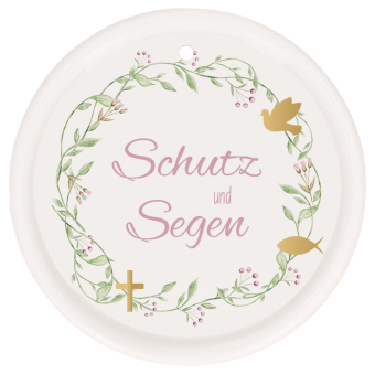 Geschenkset zur Taufe mit zauberhaft bedruckter Metalldose, wattiertem Geschenkbuch, Porzellan-Relief mit Band & Glasfläschchen für Taufwasser, m. 1 Beilage, m. 1 Buch