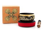 Geschenkset Doppeldorje mit schwarzer Klangschale (650 g) mit Ornamenten, Ring zum Aufstellen, Holz-/Lederklöppel