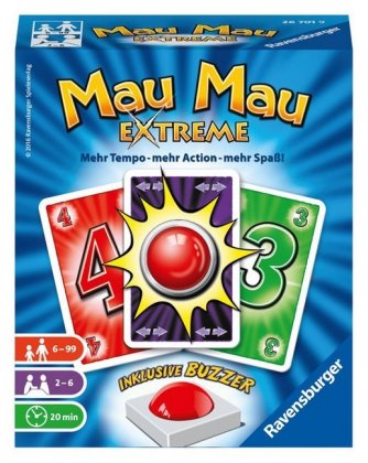 Ravensburger 26701 - Mau Mau Extreme, Kartenspiel mit Buzzer, Klassiker für 2-6 Spieler, Ablegespiel für Kinder und Erwa