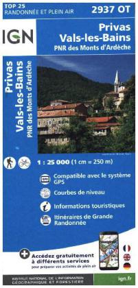 IGN Karte, Carte de randonnée (et plein air) Privas Vals-les-Bains