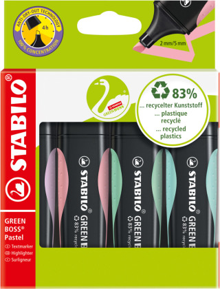 Umweltfreundlicher Textmarker - STABILO GREEN BOSS Pastel - 4er Pack - Hauch von Minzgrün, rosiges Rouge, zartes Türkis  