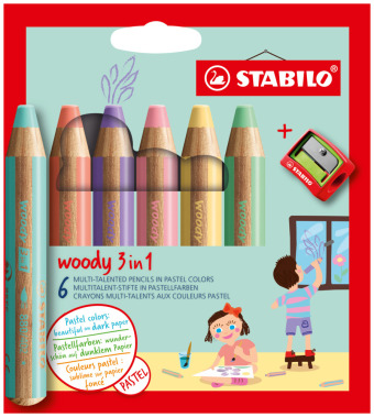 STABILO woody 3 in 1 6er Etui mit Spitzer Pastellfarben 